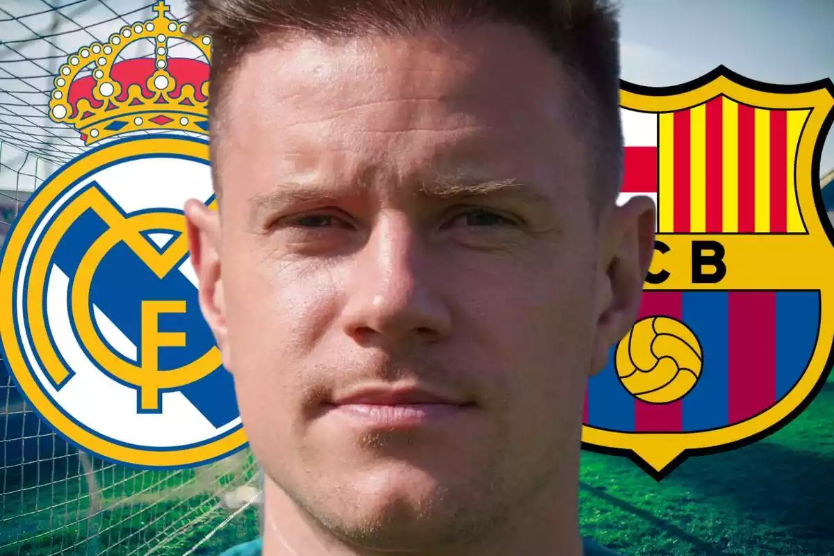 Montaje Ter Stegen con escudos Real Madrid y FC Barcelona