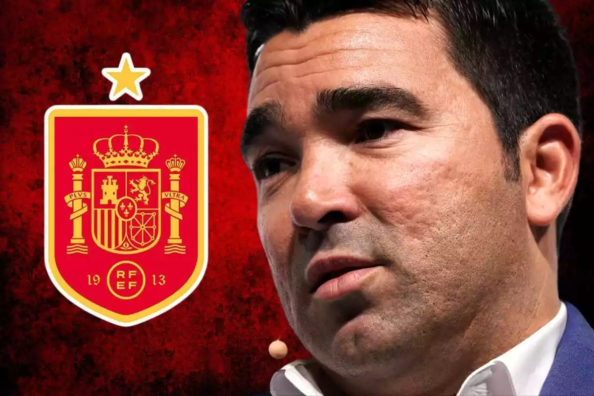 El director deportivo del Barça, Deco, junto a una foto del escudo de la RFEF.