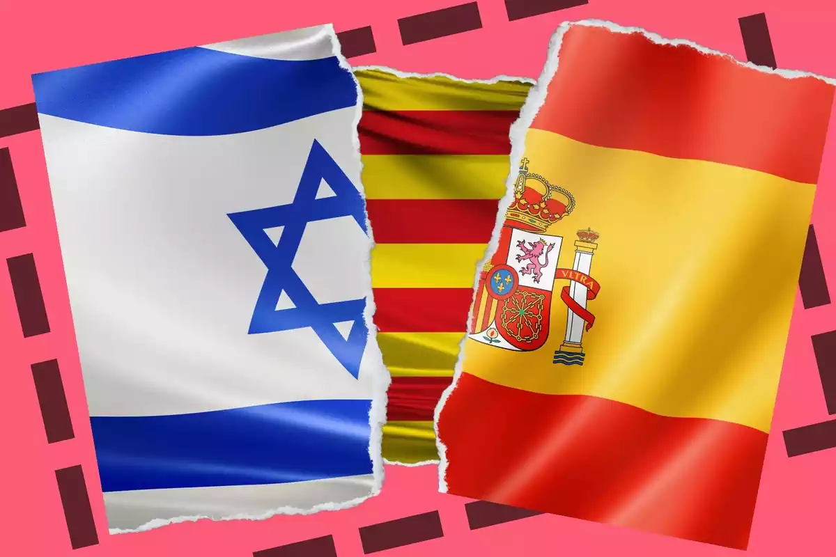 Imagen de las banderas de Israel y España rotas y de fondo la bandera catalana