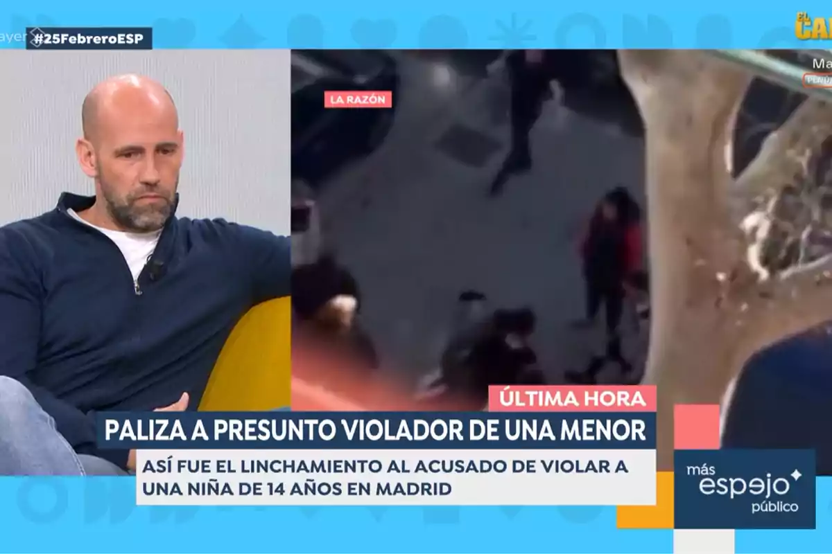 Gonzalo Miró sentado con expresión seria en un programa de televisión, junto a una imagen borrosa de un incidente en la calle, con texto sobre un presunto caso de violencia. Captura de 'Espejo Público' Gonzalo Miró sentado con expresión seria en un programa de televisión, junto a una imagen borrosa de un incidente en la calle, con texto sobre un presunto caso de violencia. Captura de 'Espejo Público'