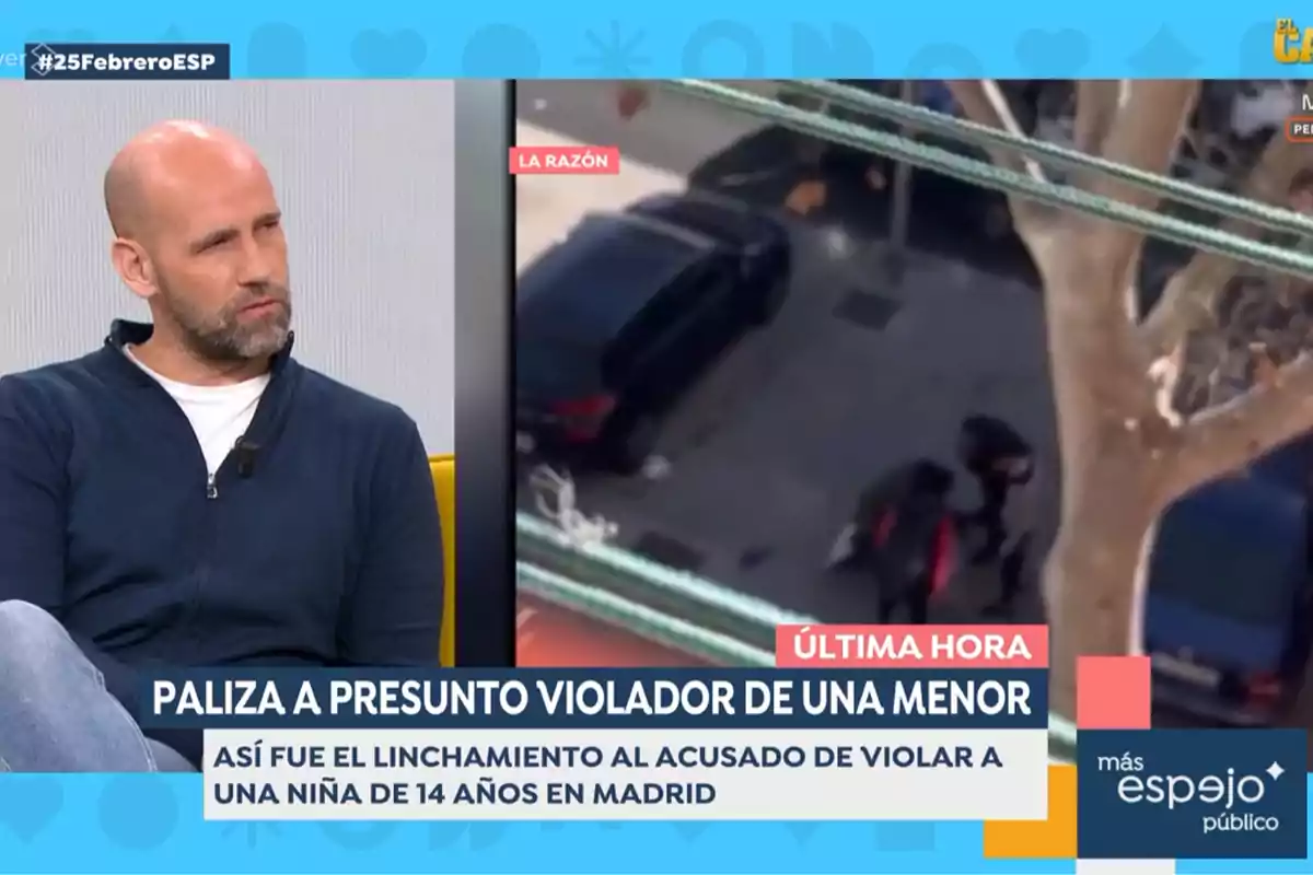 Gonzalo Miró sentado en un estudio de televisión mientras se muestra una noticia sobre un incidente violento en Madrid. Captura de 'Espejo Público' Gonzalo Miró sentado en un estudio de televisión mientras se muestra una noticia sobre un incidente violento en Madrid. Captura de 'Espejo Público'