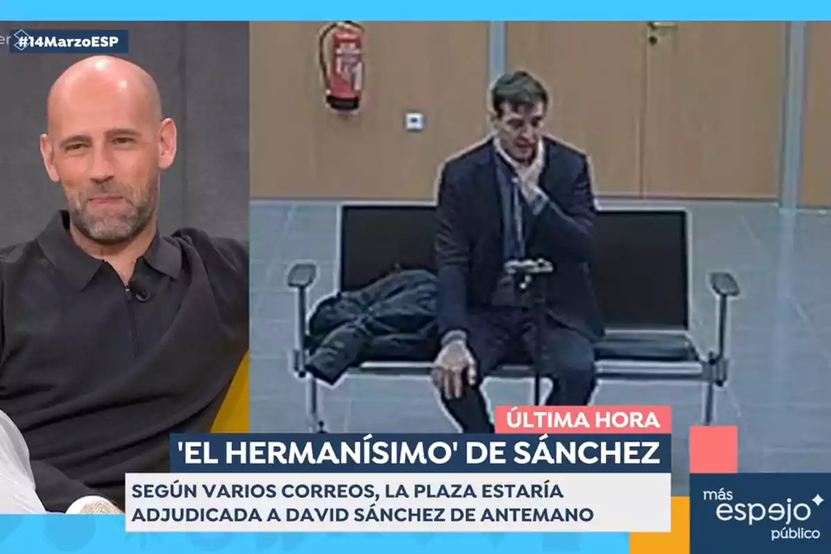 Gonzalo Miró y otro hombre en diferentes escenarios, uno en un estudio de televisión y otro en una sala de espera, con un texto que menciona una noticia sobre la adjudicación de una plaza. Captura de 'Espejo Público' Gonzalo Miró y otro hombre en diferentes escenarios, uno en un estudio de televisión y otro en una sala de espera, con un texto que menciona una noticia sobre la adjudicación de una plaza. Captura de 'Espejo Público'