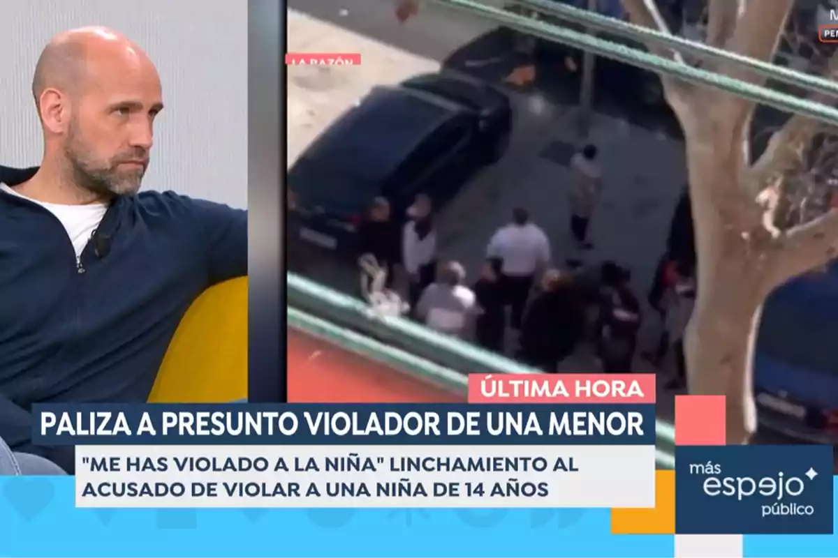 Gonzalo Miró sentado en un sillón amarillo aparece en un programa de televisión, mientras en la pantalla se muestra una noticia sobre un incidente violento relacionado con un presunto delito. Captura de 'Espejo Público' Gonzalo Miró sentado en un sillón amarillo aparece en un programa de televisión, mientras en la pantalla se muestra una noticia sobre un incidente violento relacionado con un presunto delito. Captura de 'Espejo Público'