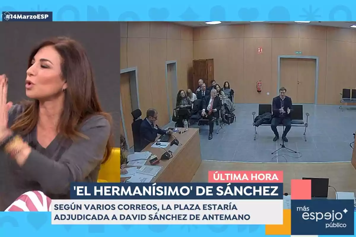 Mariló Montero gesticula mientras habla en un programa de televisión, a la derecha se muestra una sala de audiencias con varias personas sentadas, un hombre está frente a un micrófono, en la parte inferior hay un texto que menciona Mariló Montero gesticula mientras habla en un programa de televisión, a la derecha se muestra una sala de audiencias con varias personas sentadas, un hombre está frente a un micrófono, en la parte inferior hay un texto que menciona