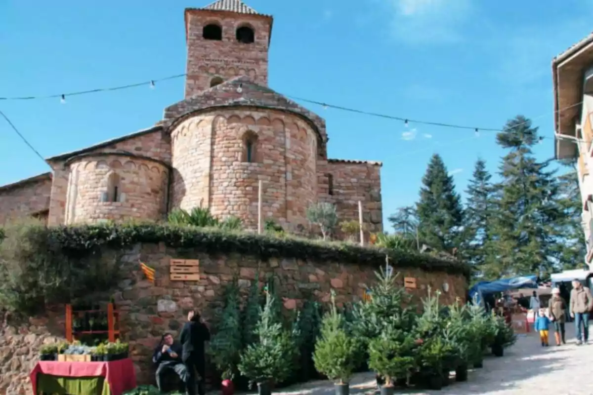 Una iglesia de piedra con un mercado al aire libre donde se venden árboles y plantas.