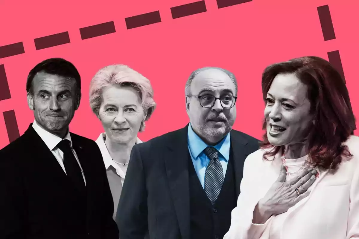 Montaje con Macron, Von der Leyen, Juliana y Kamala Harris, posan frente a un fondo rosa con un diseño geométrico.