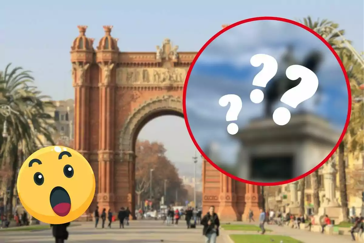 Arco de Triunfo con un emoji sorprendido y un círculo rojo con signos de interrogación.