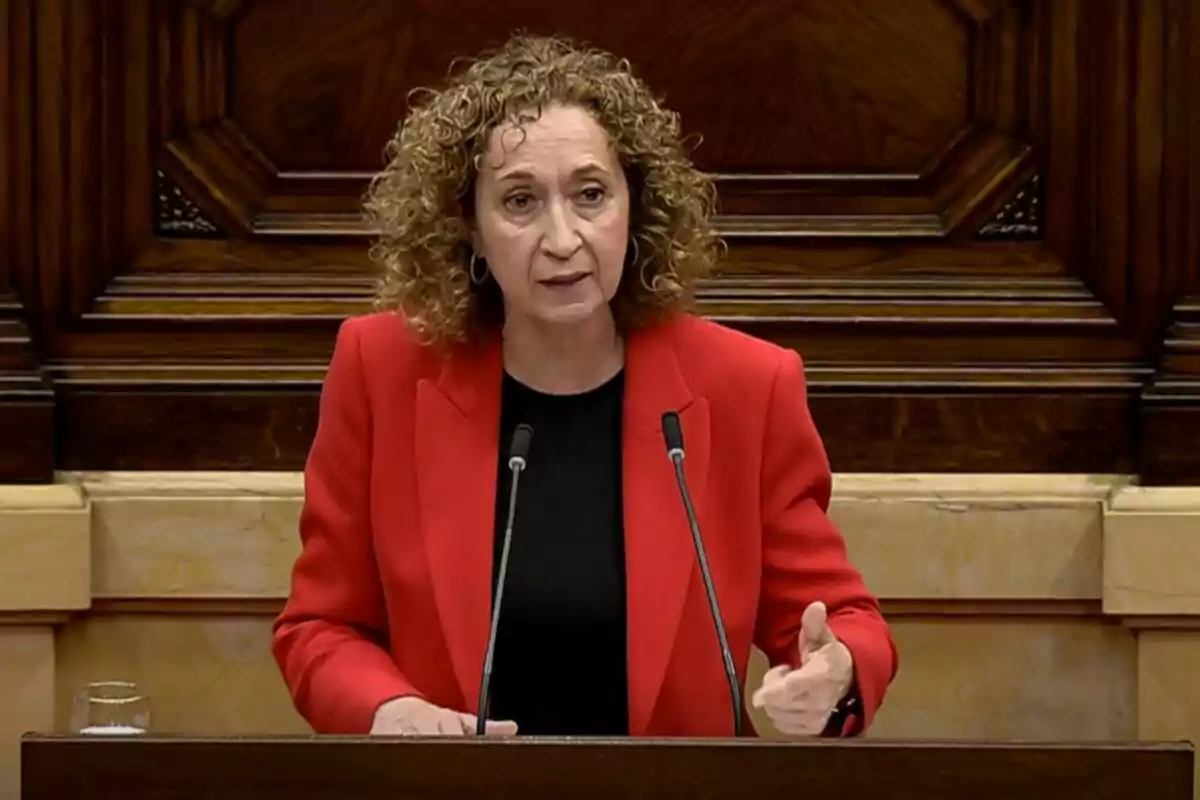 Una persona con chaqueta roja hablando en un podio con micrófonos en un entorno de madera.