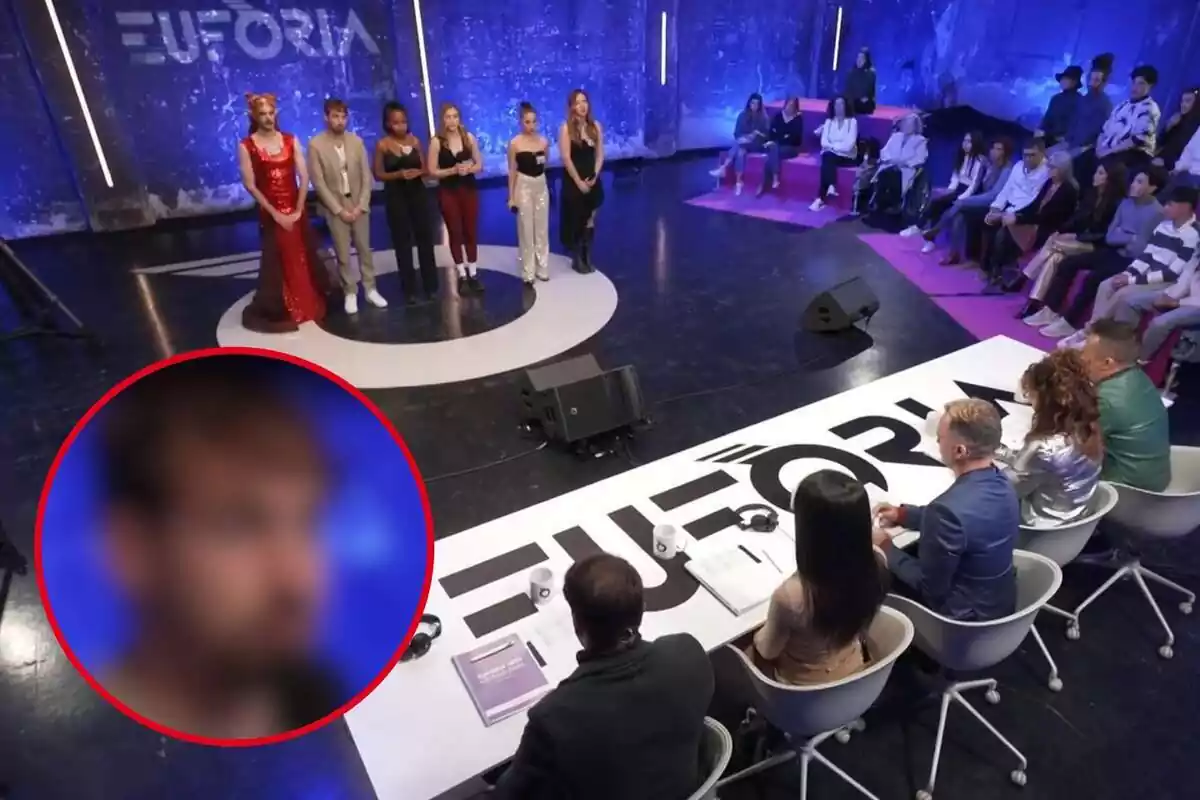 Imagen de fondo de la emisión del concurso Eufòria de TV3 en la que se ven los concursantes, y otra de un concursante con la cara desenfocada