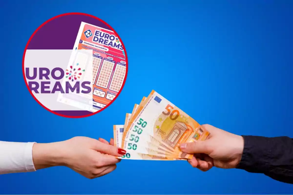 Dos manos intercambiando billetes de euro con un cartel de EuroDreams en el fondo.