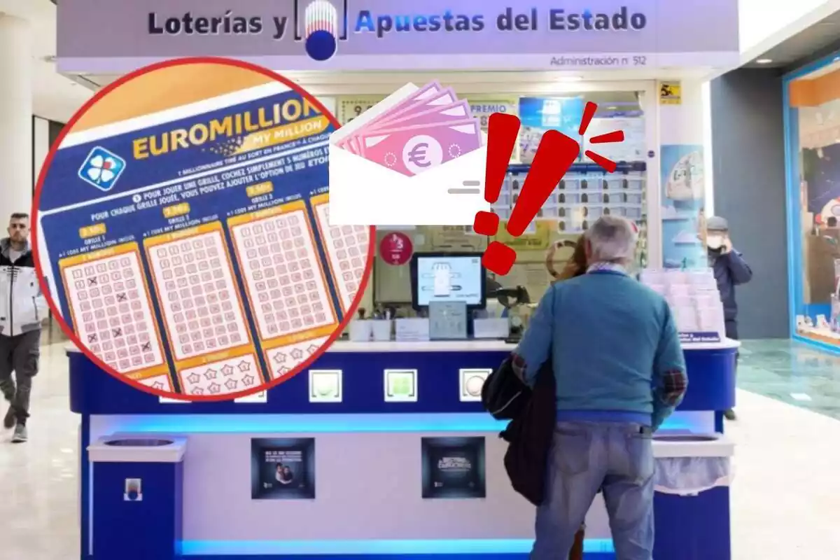 Imagen de fondo de una administración de Loterías y otra imagen de un boleto del Euromillones junto a dos emoticonos, de un sobre con euros y otra de una exclamaciones