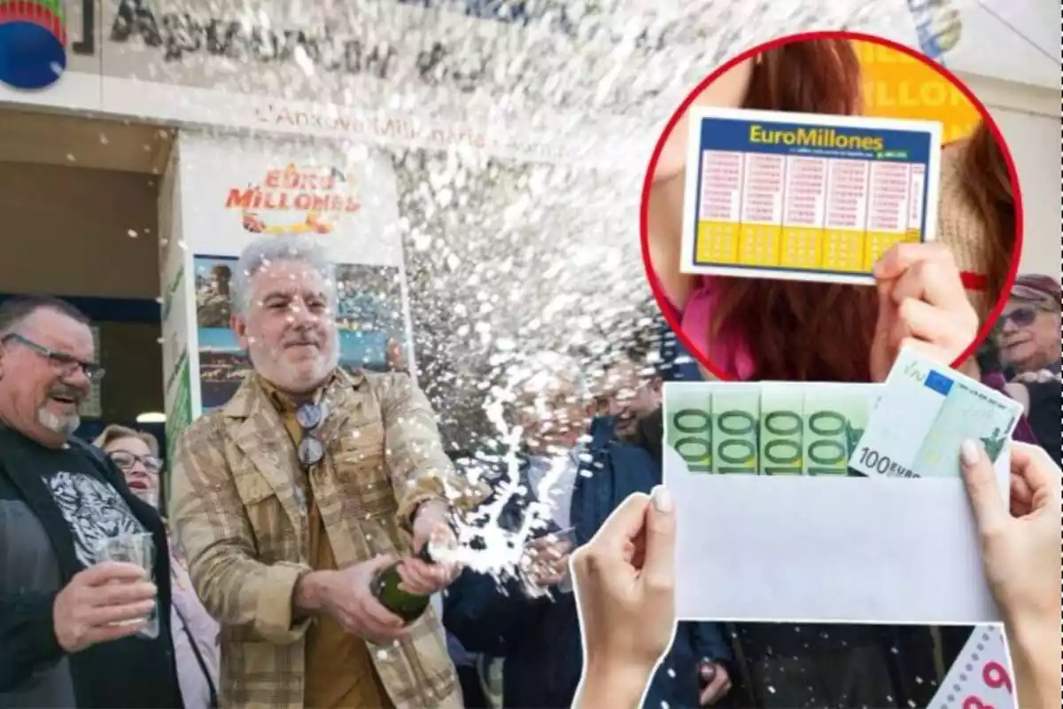 Imagen de fondo de personas celebrando y otra de un boleto del Euromillones y una tercera de varios billetes de 100 euros