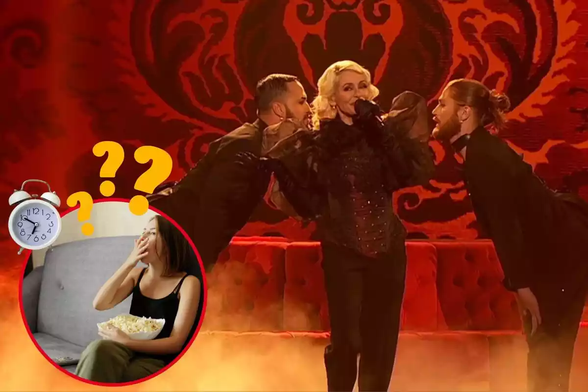 Imagen de fondo de una actuación de Nebulossa para Eurovisión junto a una imagen de una mujer comiendo palomitas en un sofá con un reloj y unos interrogantes