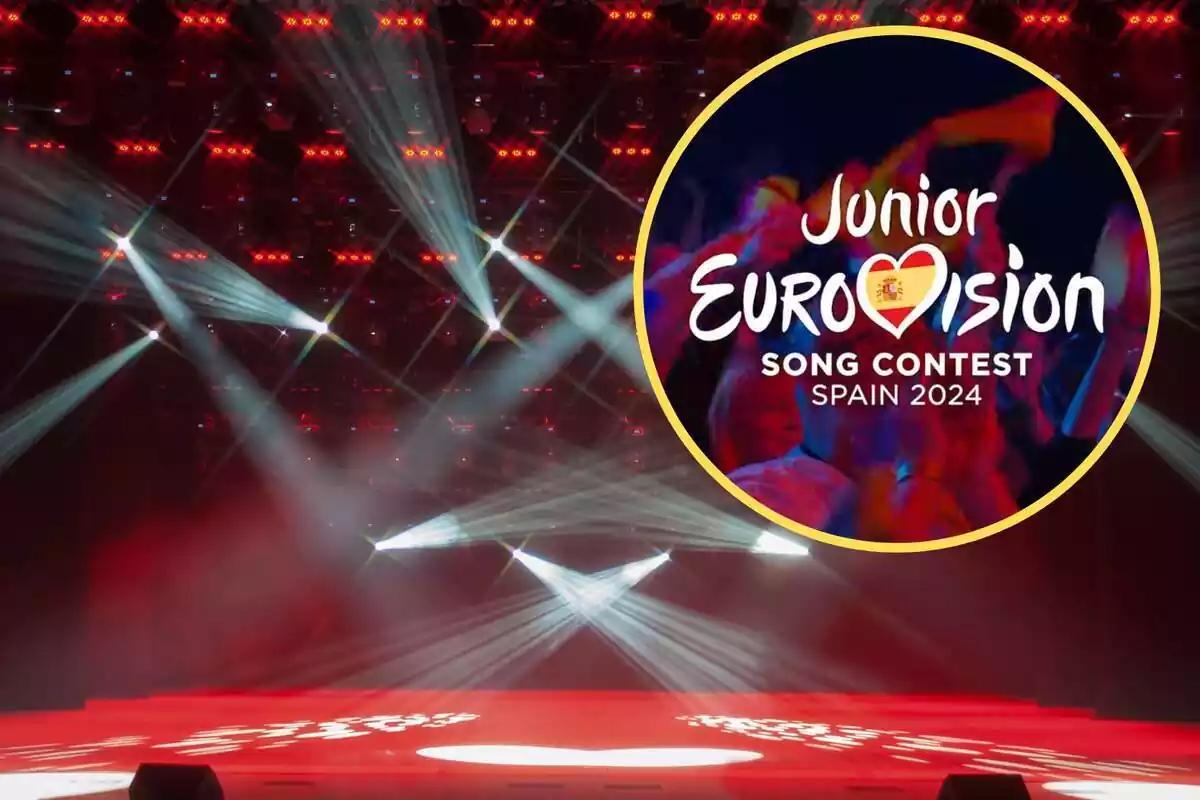 Imagen de fondo de un escenario con iluminación y otra imagen del logo de Eurovisión Junior para 2024 en España