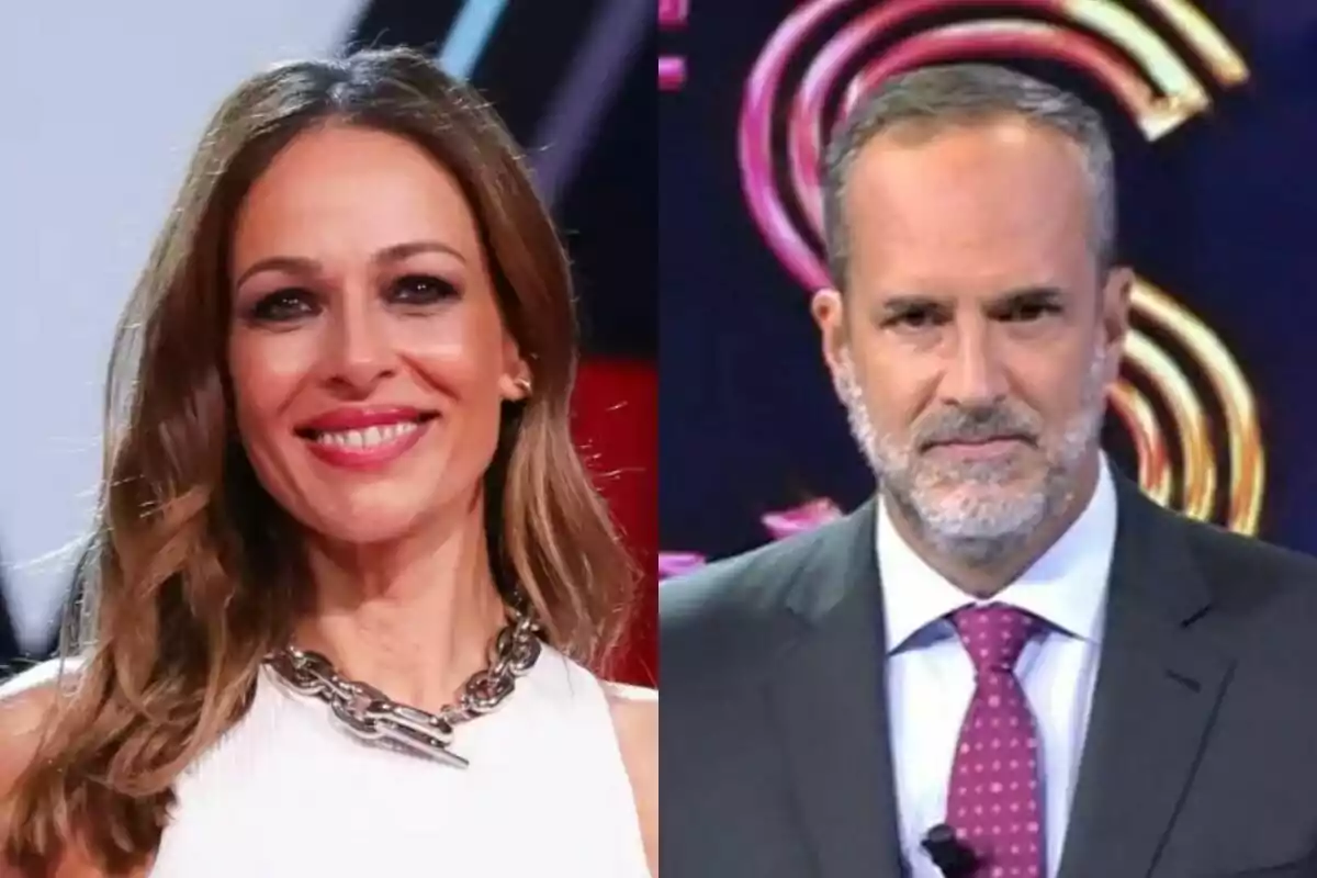 Montaje de Eva González sonriendo en La Voz a la izquierda con Santi Acosta con expresión seria en De Viernes a la derecha