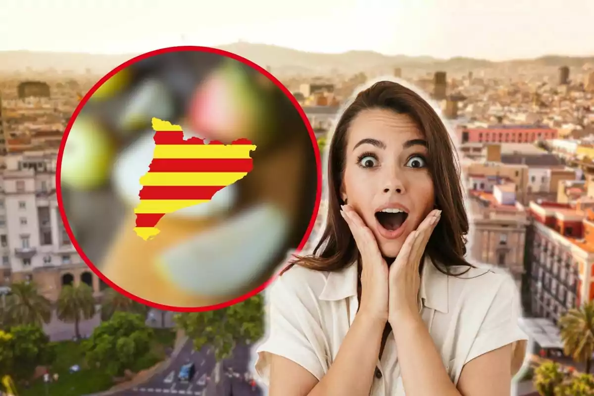 Una mujer con expresión de sorpresa frente a un paisaje urbano con un círculo que contiene la silueta de Cataluña con la bandera catalana.