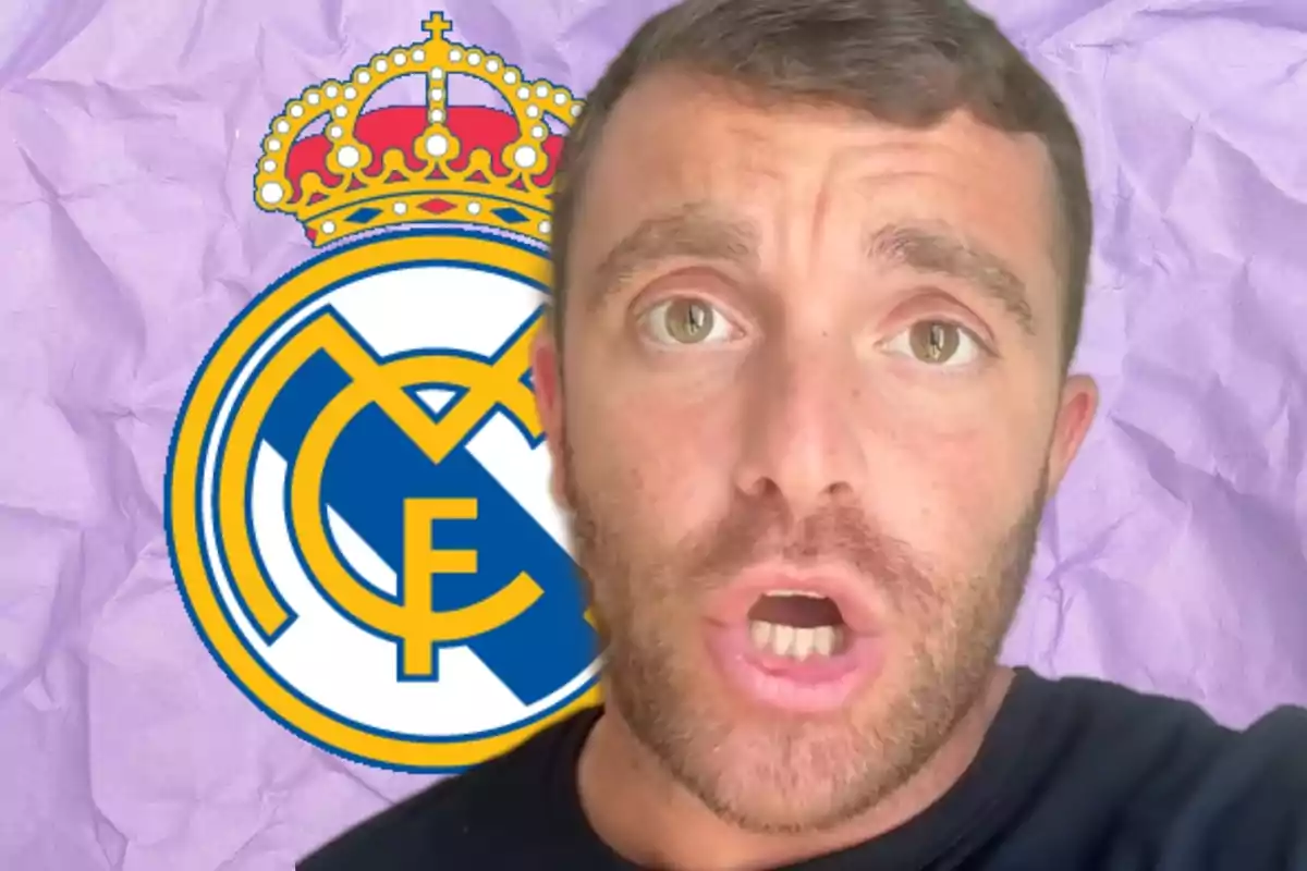 Hombre de cabello corto con barba frente al escudo del Real Madrid sobre un fondo morado arrugado