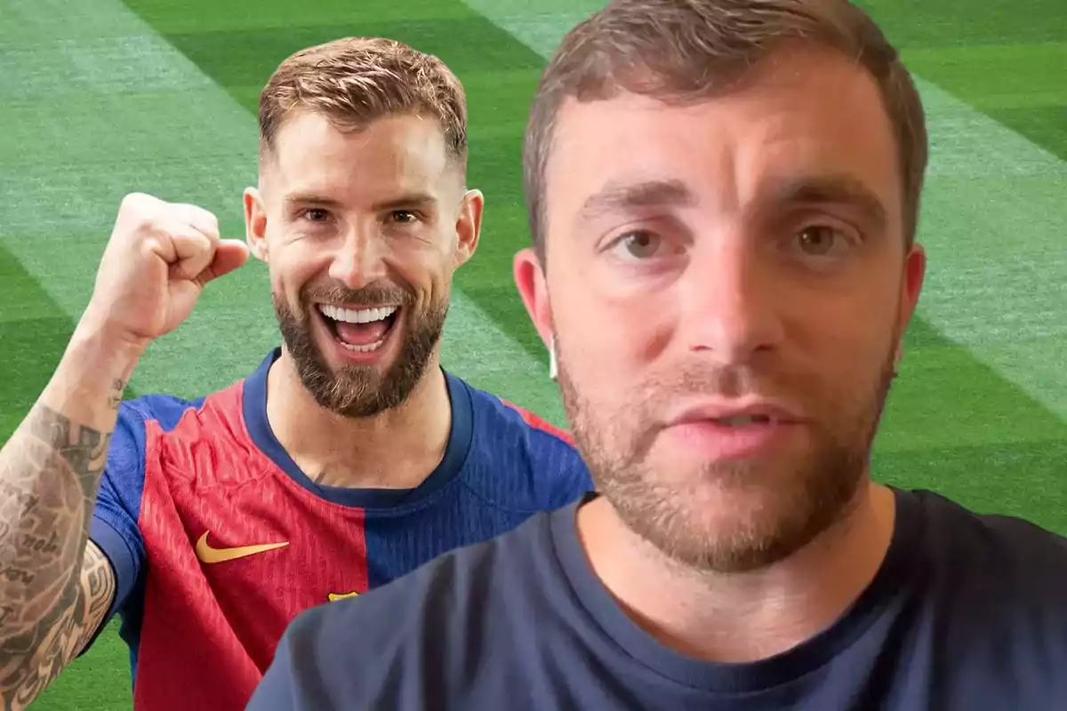 Un futbolista con uniforme azul y rojo celebra con el puño en alto mientras otra persona aparece en primer plano sobre un fondo de césped de estadio.