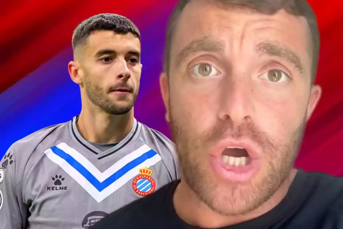 Un portero con uniforme gris del Espanyol y un hombre en primer plano con expresión de sorpresa sobre un fondo rojo y azul.