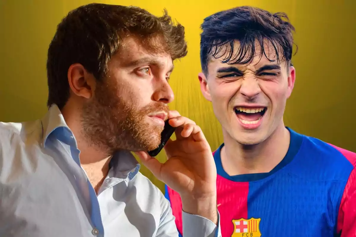 Un hombre con barba hablando por teléfono y un jugador de fútbol del Barcelona sonriendo con fondo amarillo