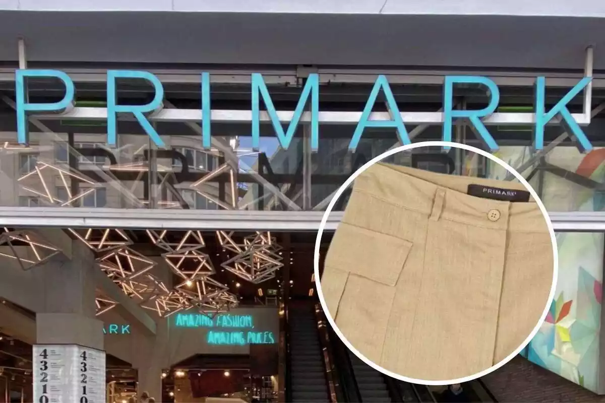 Montaje con el detalle de una minifalda de Primark y de fondo una entrada a una tienda de la marca