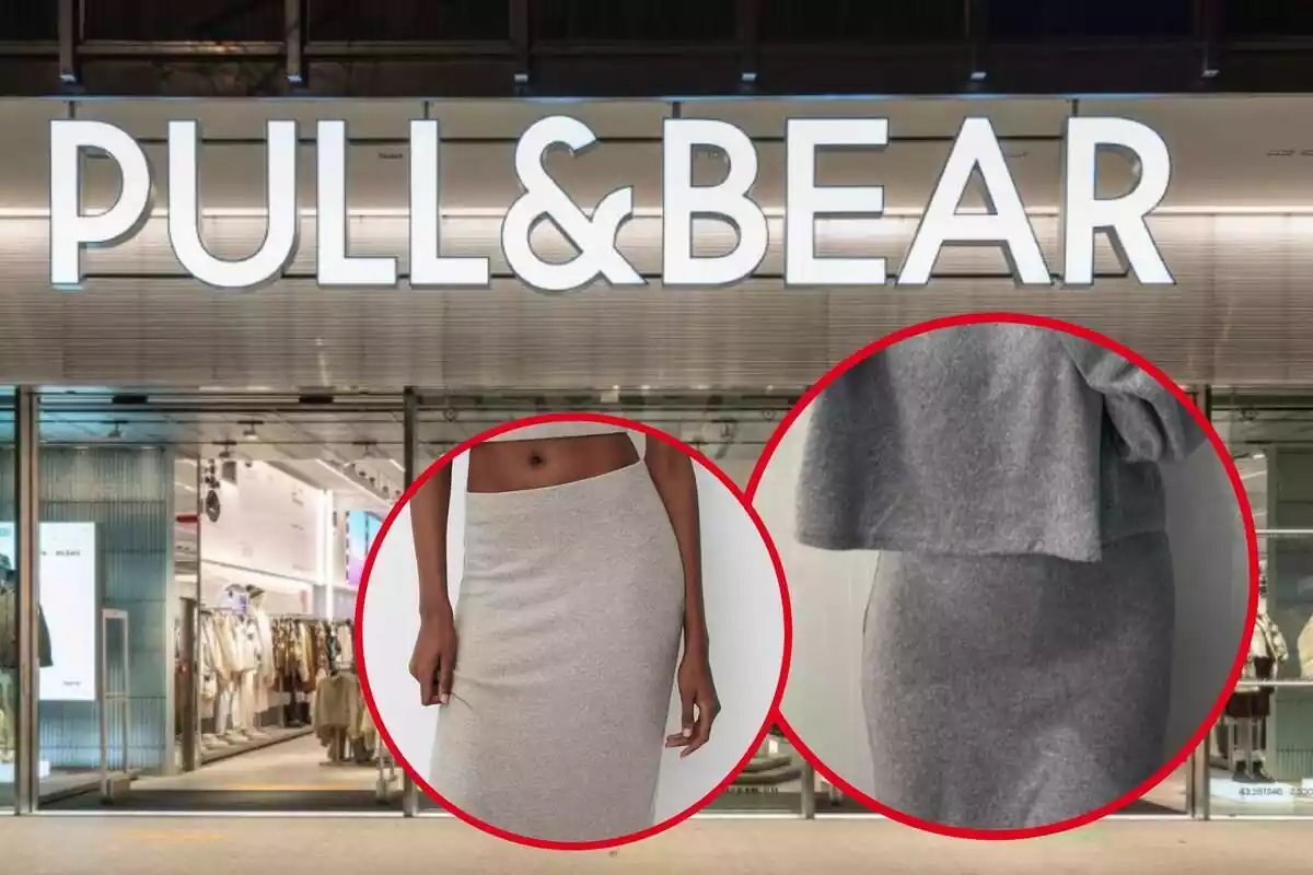 Imagen de fondo de una tienda Pull and Bear y otras dos imágenes de una falda en dos colores distintos