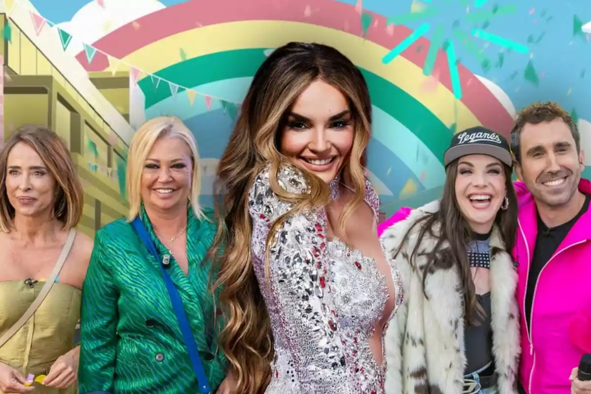 Un grupo de personas formado por María Patiño, Belén Esteban, Melody, Inés Hernand y Aitor Albizua sonríe frente a un fondo colorido con un arcoíris y banderines de La Familia de la Tele. Un grupo de personas formado por María Patiño, Belén Esteban, Melody, Inés Hernand y Aitor Albizua sonríe frente a un fondo colorido con un arcoíris y banderines de La Familia de la Tele.