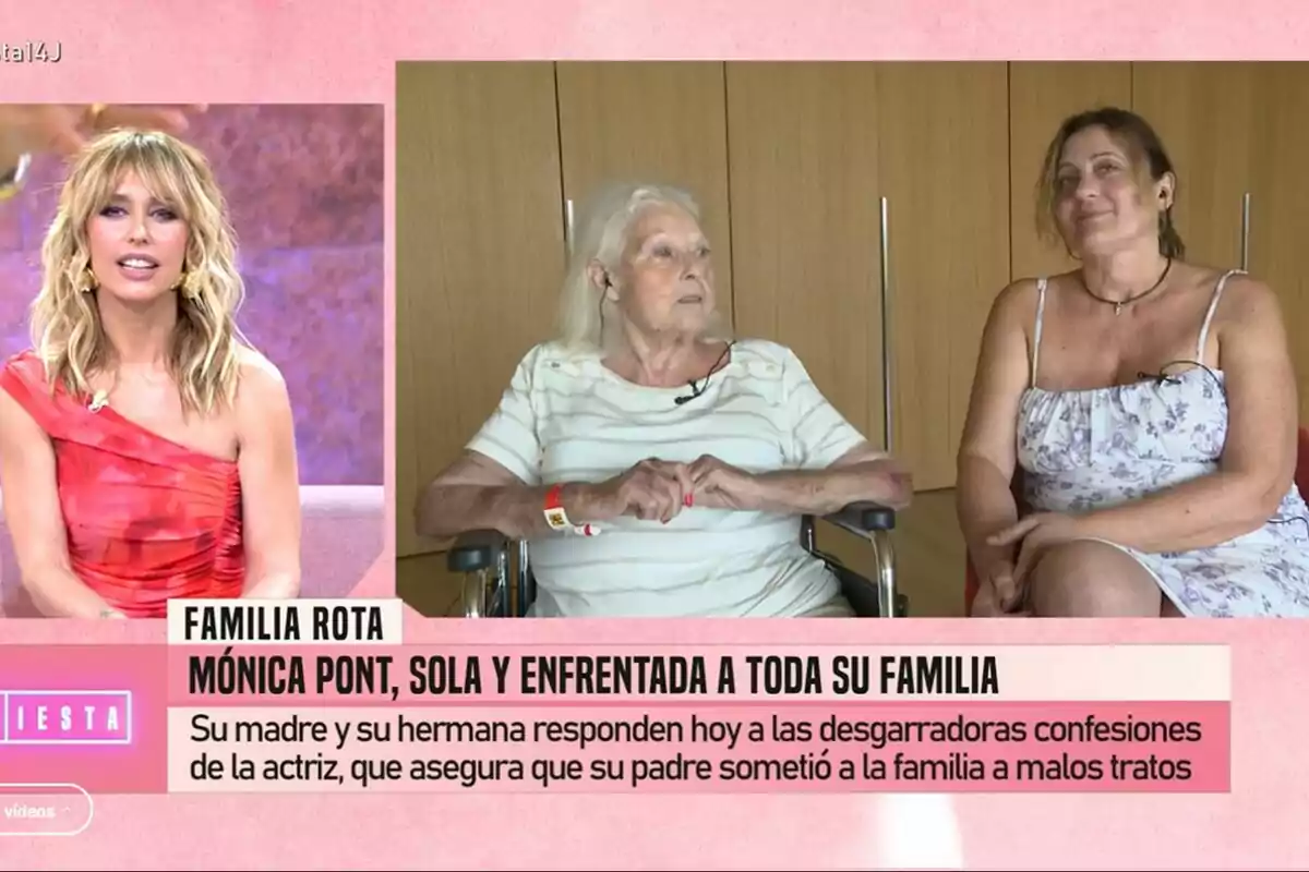 En la imagen aparece Emma García con un vestido rojo sentada en un plató de Fiesta, mientras en otra parte de la pantalla se muestra a una mujer mayor en silla de ruedas y a otra mujer sentada a su lado, ambas en una habitación con fondo de madera, junto a un titular sobre conflictos familiares. En la imagen aparece Emma García con un vestido rojo sentada en un plató de Fiesta, mientras en otra parte de la pantalla se muestra a una mujer mayor en silla de ruedas y a otra mujer sentada a su lado, ambas en una habitación con fondo de madera, junto a un titular sobre conflictos familiares.