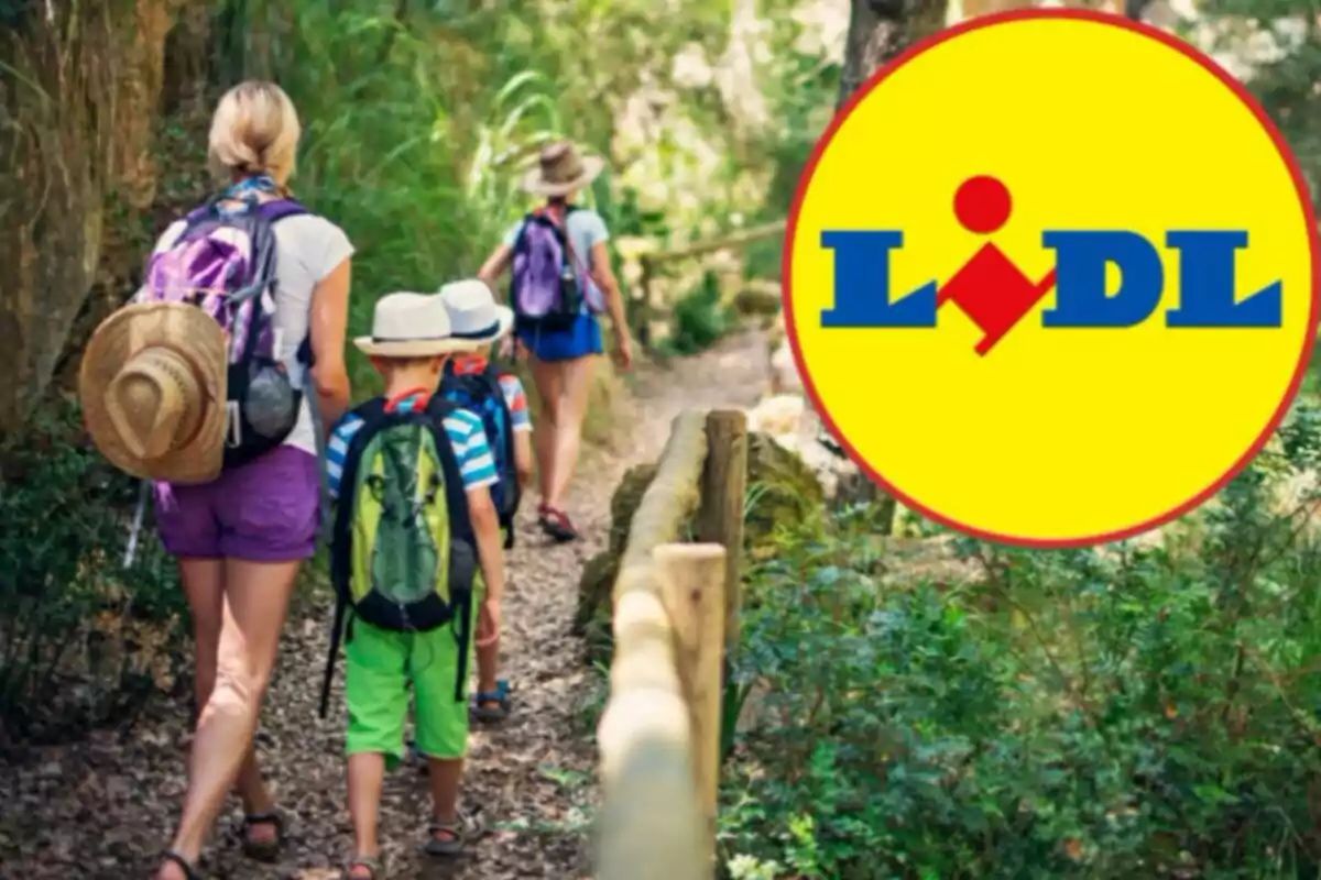 Personas caminando por un sendero en un bosque con el logotipo de Lidl superpuesto.