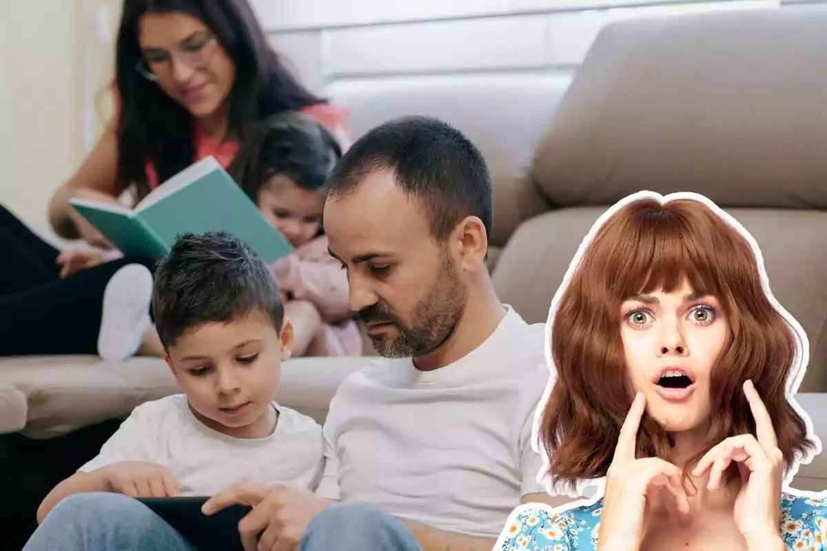 Imagen de fondo de una familia con una mujer y un hombre y un niño y una niña sentados en un sofá y mirando una tablet y un libro, y otra imagen de una mujer con cara de sorpresa en primer plano