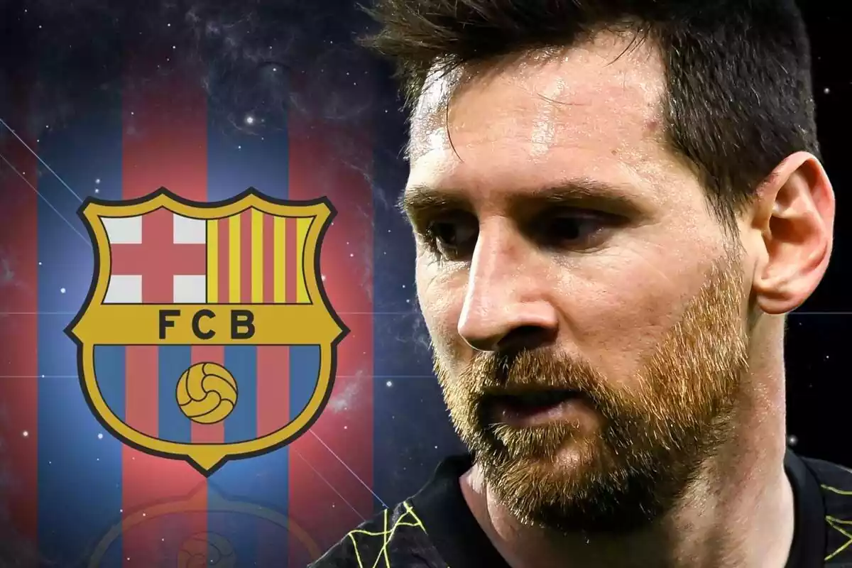 Montaje de Leo Messi con el escudo del Barça de fondo