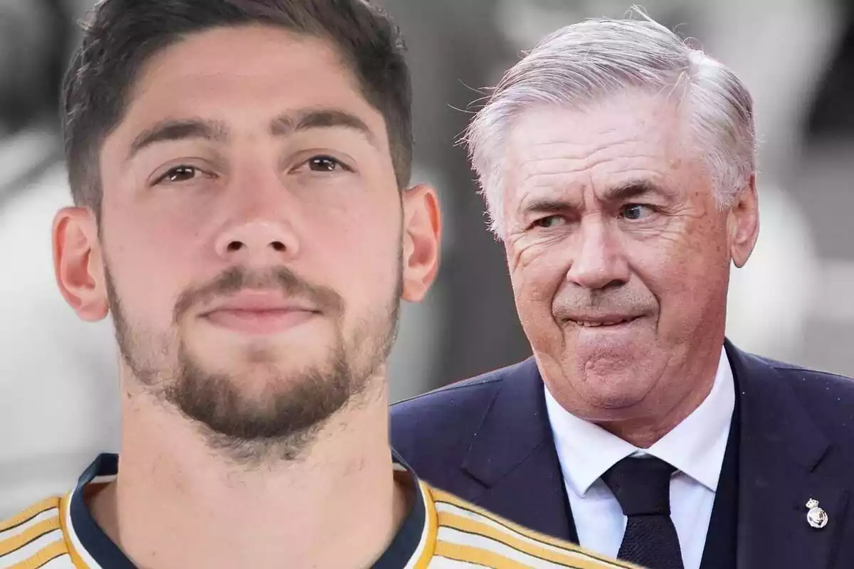 Fede Valverde en primer plano con Carlo Ancelotti mirándole desde detrás