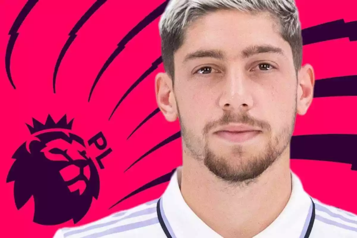 Fede Valverde en primer plano con rostro serio sobre un fondo rojo con rayas negras y el logo de la Premier League