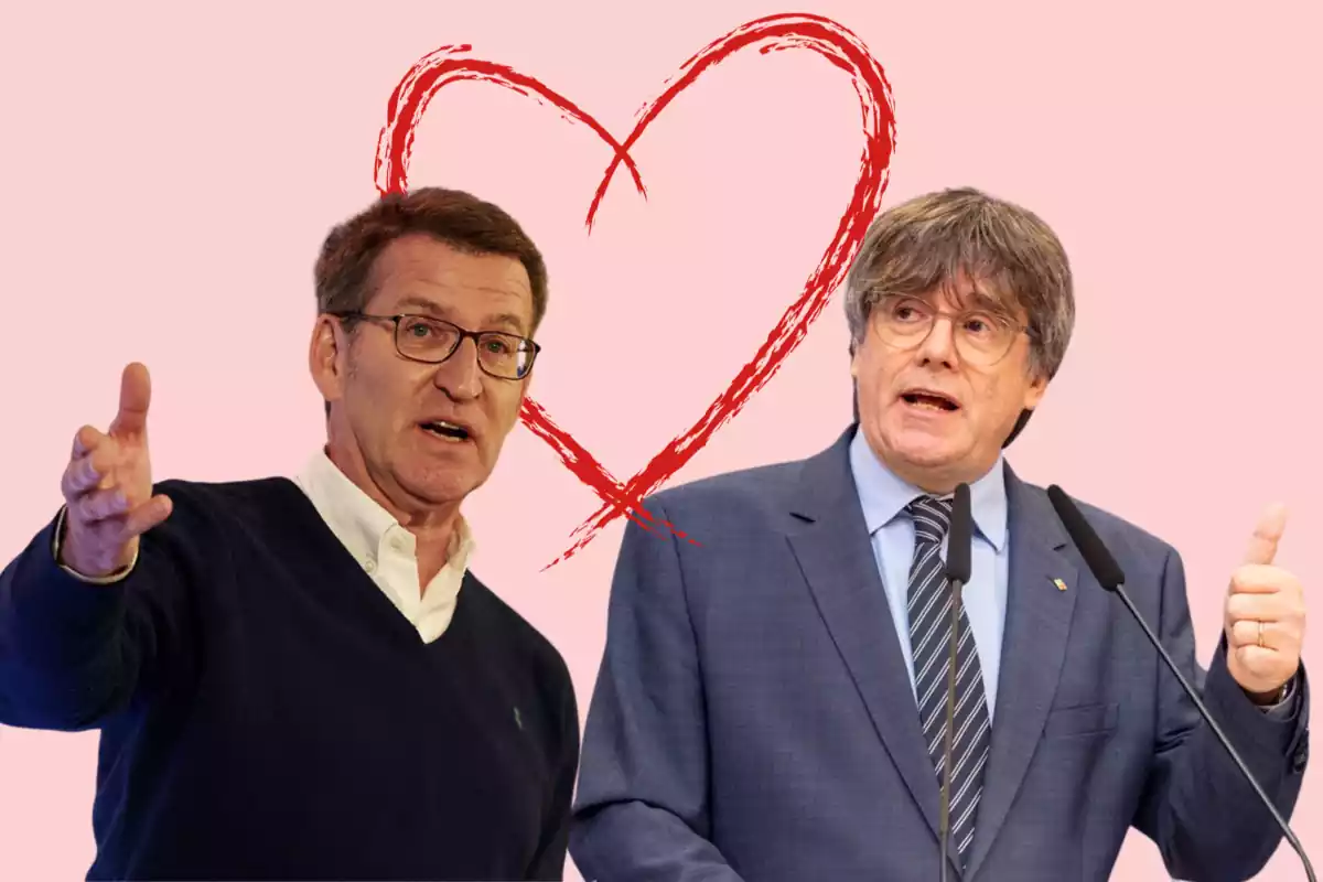 Montaje con fotos de Alberto Núñez Feijóo y Carles Puigdemont, con un corazón en medio