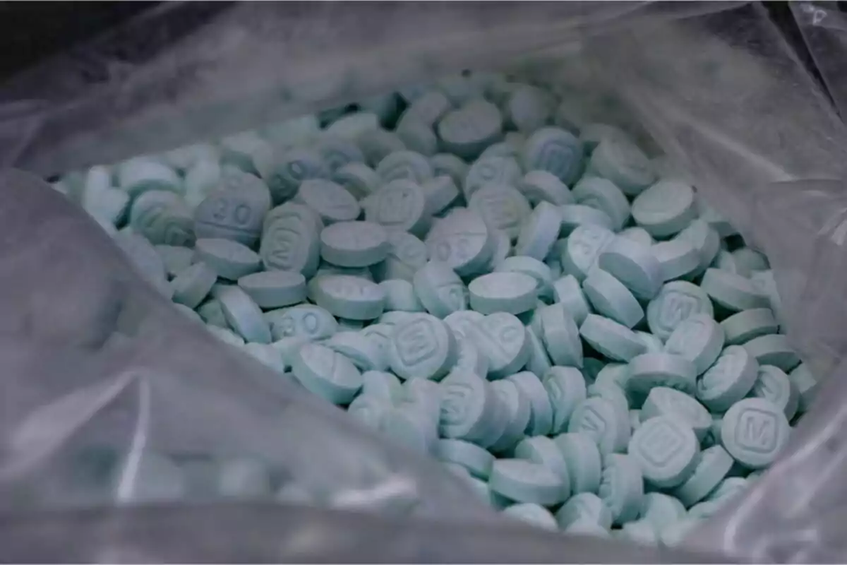 Una bolsa llena de pastillas azules con inscripciones.