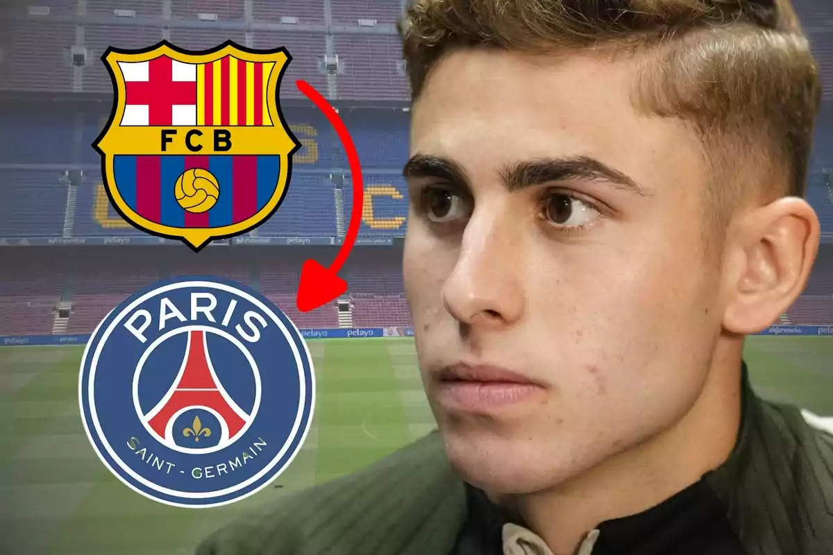 Un joven con expresión seria aparece en primer plano mientras los logotipos del FC Barcelona y el Paris Saint-Germain se muestran en el fondo con una flecha roja que conecta ambos escudos.