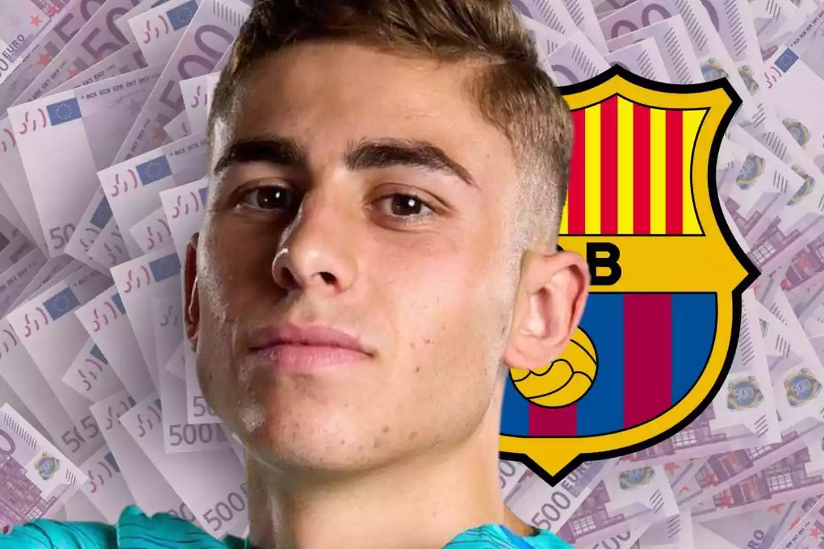 Fermín López en primer plano mirando a cámara con billetes de 500 euros al fondo y el escudo del FC Barcelona