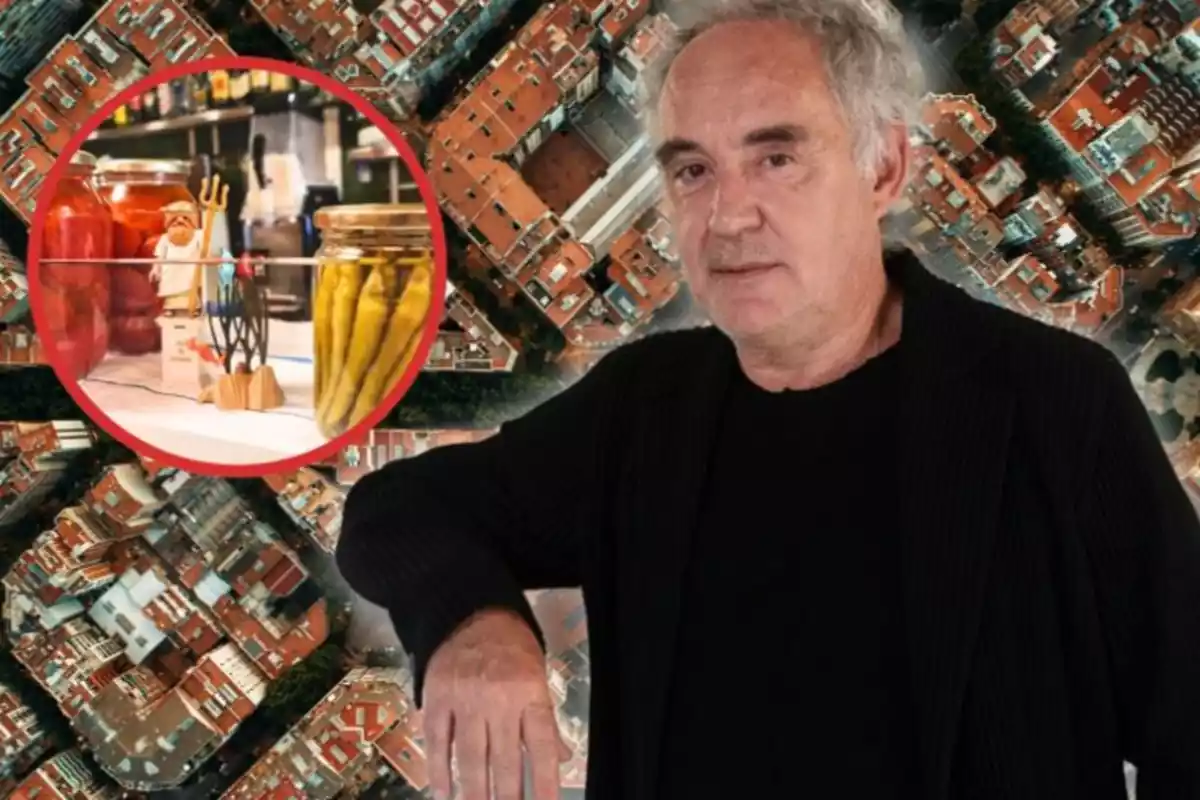 Ferran Adrià sobre un fondo de barcelona y a su lado un circulo rojo con una mesa con botes de conservas y un muñeco marino