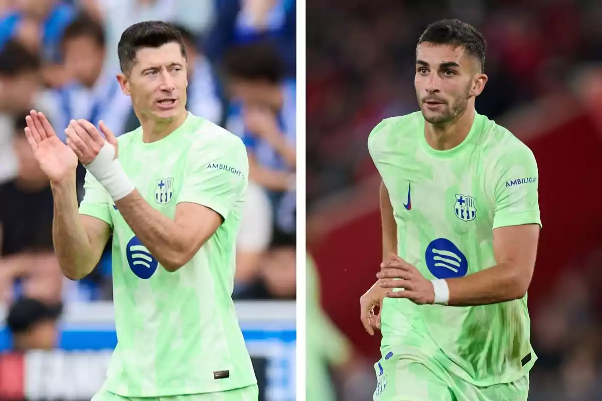 Dos jugadores de fútbol con uniforme verde claro, uno aplaudiendo y el otro corriendo en el campo. Dos jugadores de fútbol con uniforme verde claro, uno aplaudiendo y el otro corriendo en el campo.