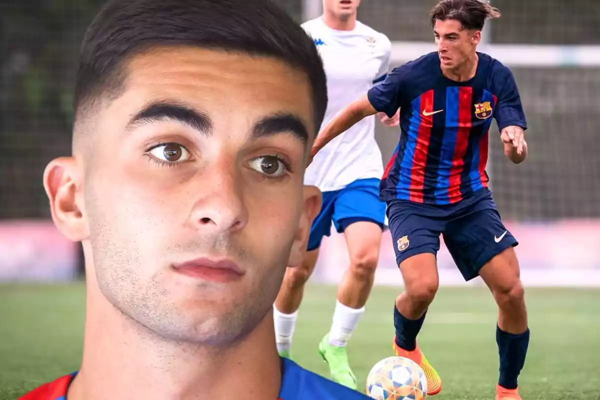 Ferran Torres en primer plano junto a una foto de Guille Fernández, futbolista formado en la Masia del Barça.