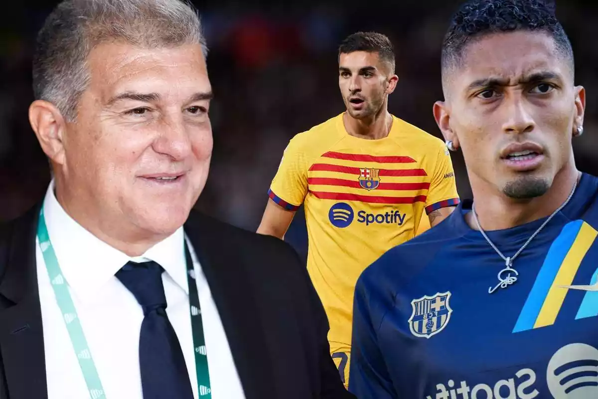 Joan Laporta, Ferran Torres y Raphinha en primer plano con el fondo difumiando Joan Laporta, Ferran Torres y Raphinha en primer plano con el fondo difumiando