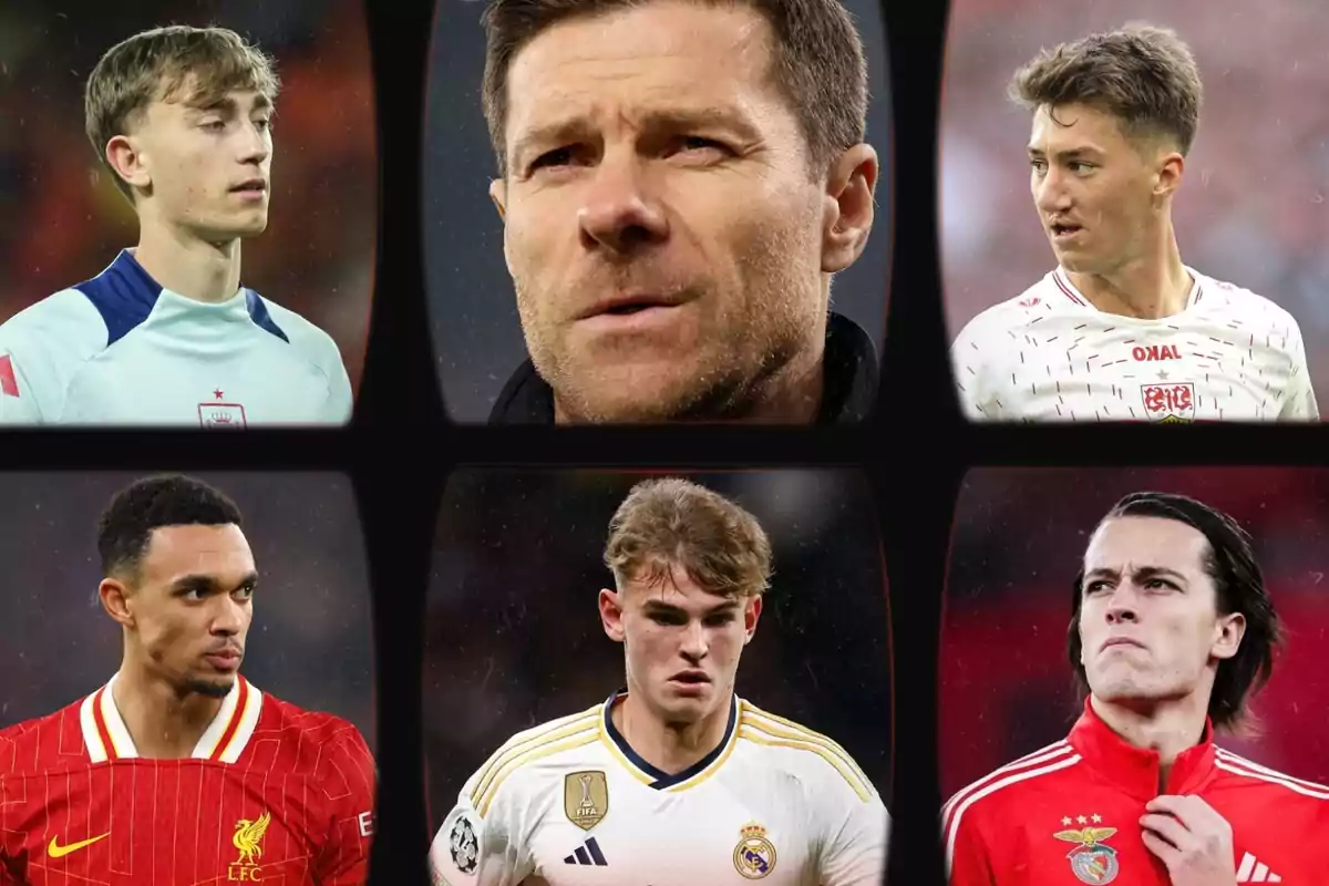 Seis personas en un collage, cada una en un recuadro separado, con diferentes camisetas de fútbol. Seis personas en un collage, cada una en un recuadro separado, con diferentes camisetas de fútbol.