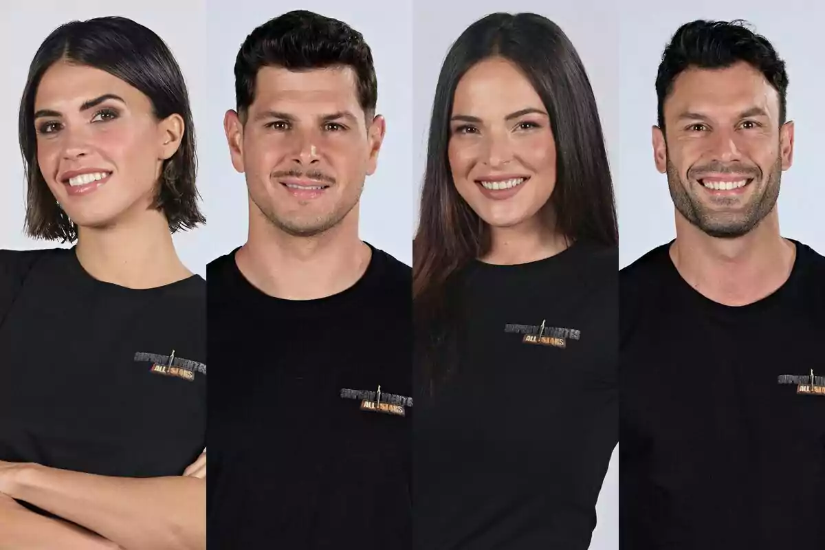 Montaje de Sofía Suescun, Alejandro Nieto, Marta Peñate y Jorge Pérez posando con camisetas negras que tienen un logotipo que dice "Supervivientes All Stars".