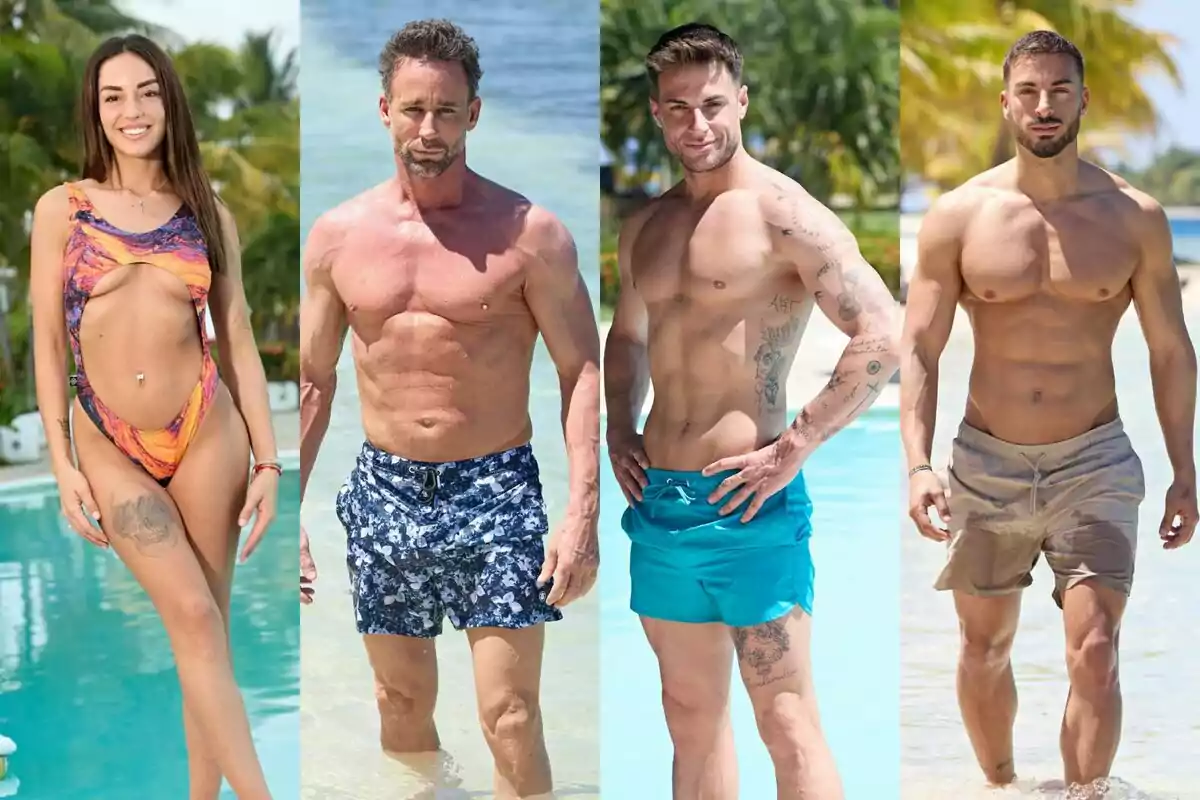 Anita, Montoya, Escassi y Borja posan en traje de baño junto a una piscina y el mar con palmeras al fondo