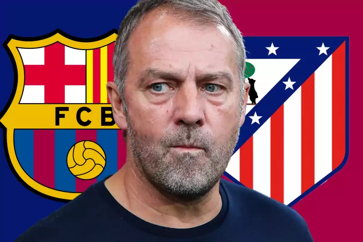 Un hombre con expresión seria frente a los escudos del FC Barcelona y Atlético de Madrid.