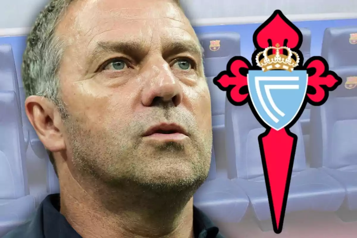 Un hombre con expresión seria junto al escudo del Celta de Vigo sobre un fondo de asientos de estadio.