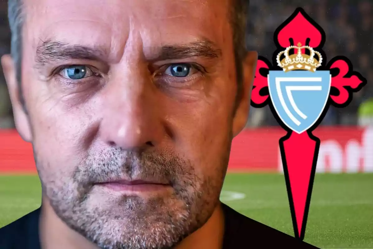 Primer plano de un hombre con el escudo del Celta de Vigo al fondo.