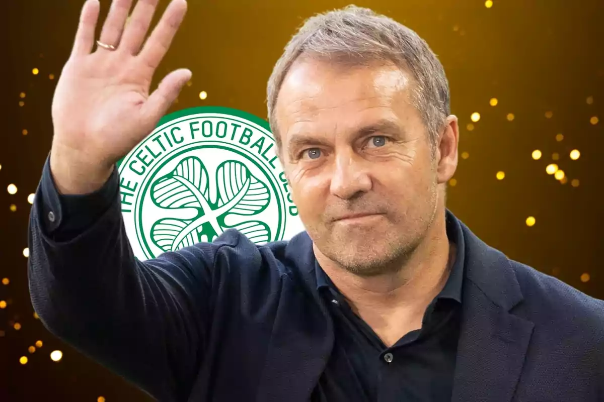 Un hombre saludando con el logo del Celtic Football Club de fondo y un diseño de luces doradas.