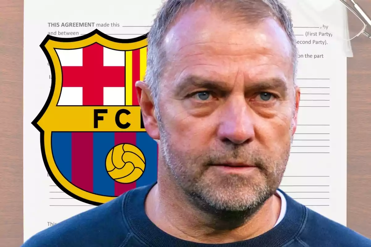 Un hombre frente a un escudo del FC Barcelona y un documento.