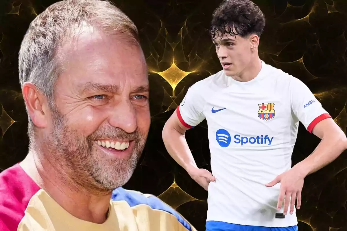 Un hombre sonriente y un jugador de fútbol con la camiseta del FC Barcelona sobre un fondo oscuro con patrones dorados.